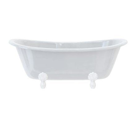 White boat shaped double ended bath with roll top edge and traditional white feet