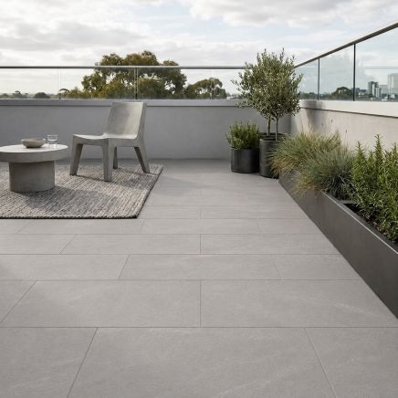 Calgary Grey Stone Outdoor Porcelain Tile 600x900mm roomset