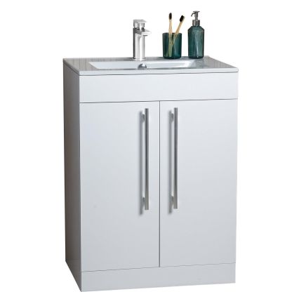 Apex 615mm Floor Standing Vanity Unit & Basin in Gloss White with Chrome Handles, Tap & Waste