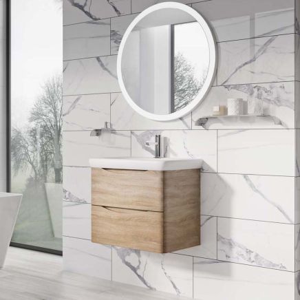 Erin Light Oak Wall Hung Vanity Unit with Link Resin Basin 600mm