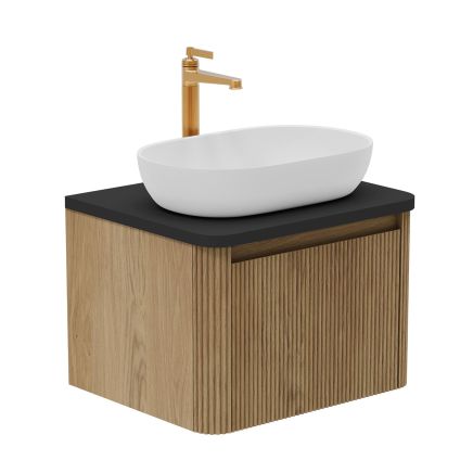 Wish Ribbed Wall Hung Vanity Unit in Natural Oak with Black Worktop 600mm