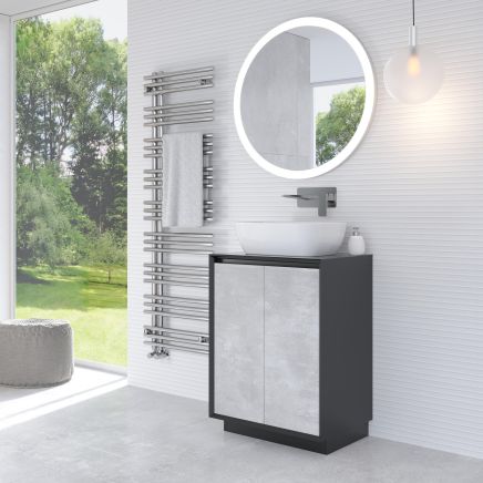 Snowdon 600mm Floor Standing Vanity Unit with Black Worktop in Black & Concrete
