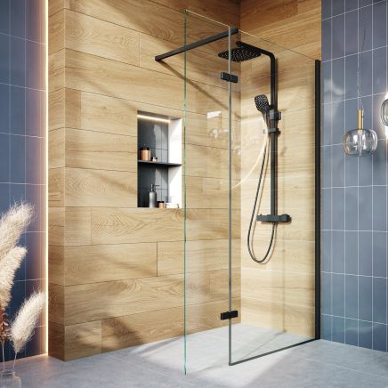 Royle Black Wetroom Shower Screen with Hinged Panel