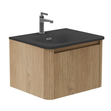 Wish Ribbed Wall Hung Vanity Unit in Natural Oak with Black Basin 600mm