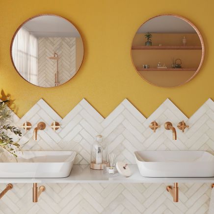 White Glossy Ceramic Brick Tile in Yellow Bathroom
