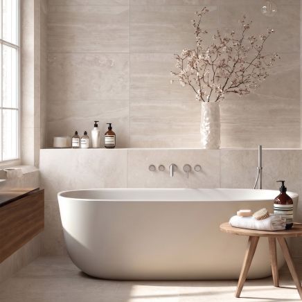 Belmonte Greige Travertine Stone Ceramic Tile roomset