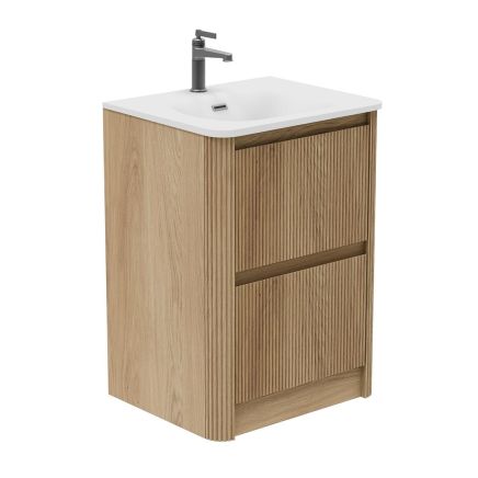 Wish Ribbed Floor Standing Vanity Unit With Drawers in Natural Oak with Matt White Basin 600mm