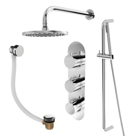 Elora Chrome Round Triple Outlet Concealed Valve Shower Pack with Shower Head, Slide Rial & Bath Filler