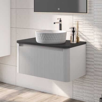 Wish Ribbed Wall Hung Vanity Unit in White with Black Worktop