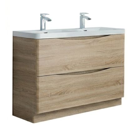 Angled view of the Erin Light Oak Floor Standing Vanity Unit with Resin Basin 1200mm