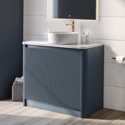 Wish Ribbed Floorstanding Vanity Unit with Doors in Blue with White Worktop