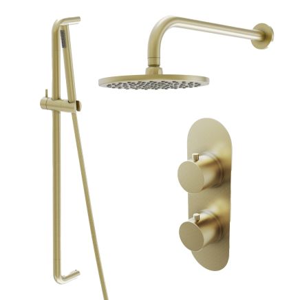 Elora Brushed Gold Round Dual Outlet Shower Pack with Fixed Head & Slider Rail