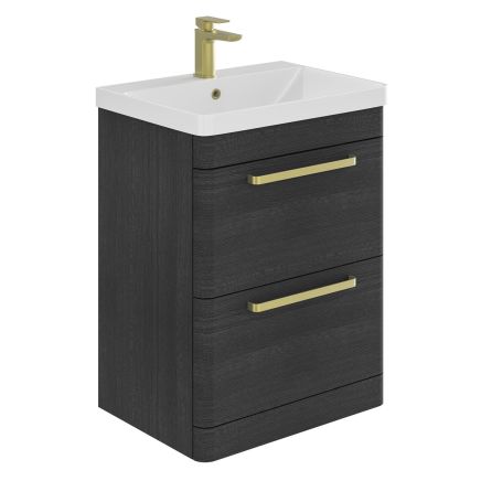 Esk Black Floor Standing Vanity Unit and Basin with Brushed Gold Handles 600mm