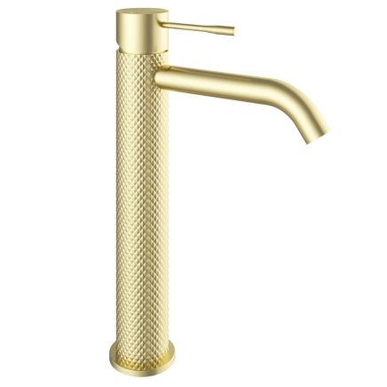 Moray Champagne Gold tall basin mixer tap featuring a textured knurled detailing