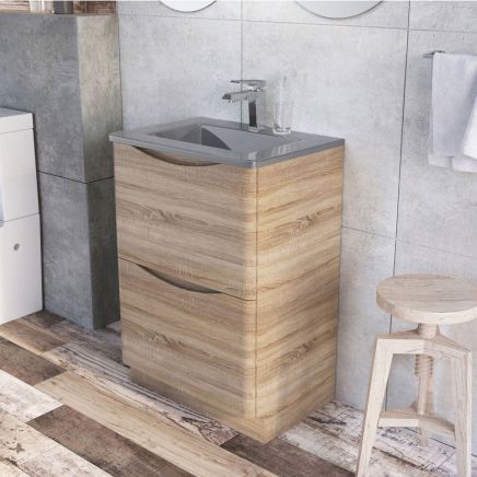Erin Light Oak Floor Standing Vanity Unit with Grey Glass Basin 600mm