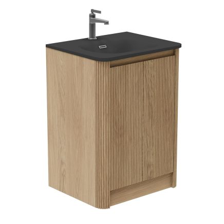 Wish Ribbed Floor Standing Vanity Unit With Doors in Natural Oak with Matt Black Basin 600mm