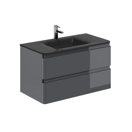 Neon Gloss Titanium Grey Wall Hung Vanity Unit with Grey Glass Basin 900mm