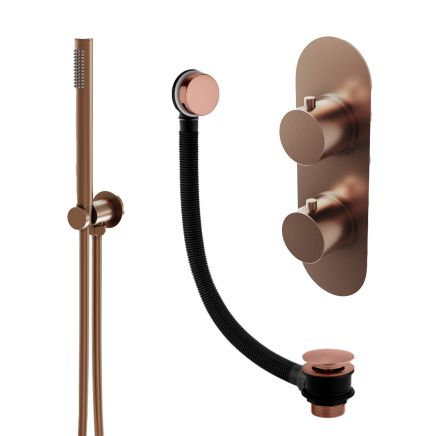 Elora Brushed Bronze Round Dual Outlet Shower Pack with Bath Overflow Filler & Handheld Shower