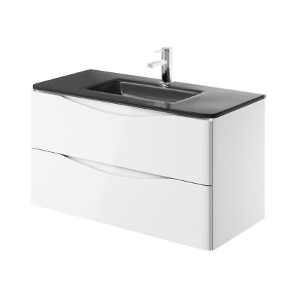 Erin Gloss White Wall Hung Vanity Unit with Grey Glass Basin 900mm