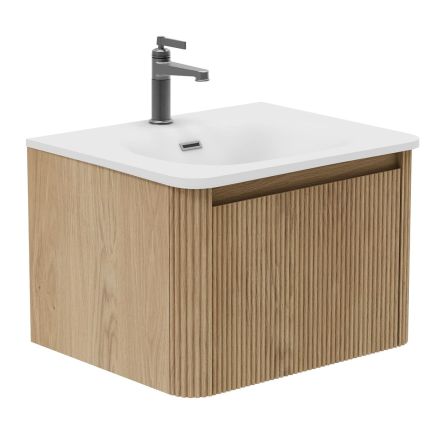 Wish Ribbed Wall Hung Vanity Unit in Natural Oak with White Basin 600mm