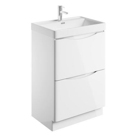 Angled view of the Erin Gloss White Floor Standing Vanity Unit with Ceramic Basin 600mm