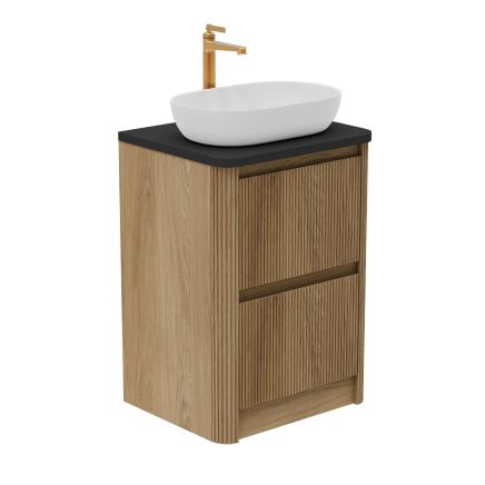 Wish Ribbed Floor Standing Vanity Unit With Drawers in Natural Oak with Black Worktop 600mm