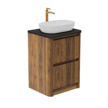 Wish Ribbed Floor Standing Vanity Unit With Drawers in Walnut with Black Worktop 600mm