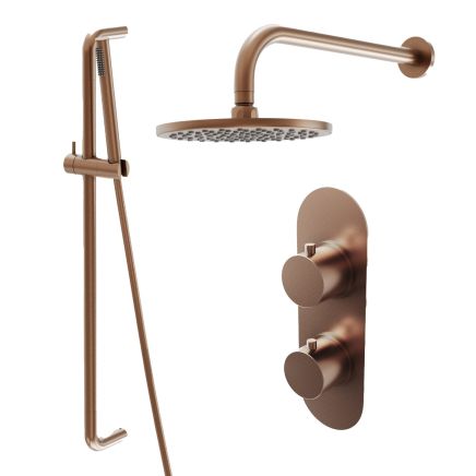 Elora Brushed Bronze Round Dual Outlet Shower Pack with Fixed Head & Slider Rail