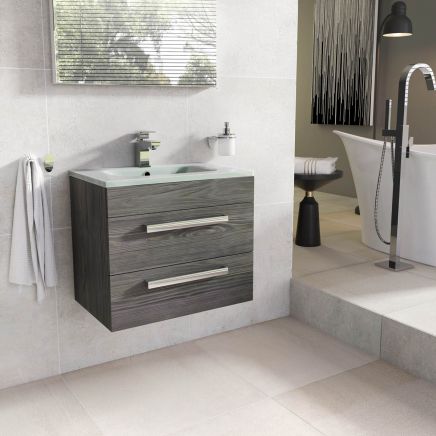 Nante Dark Elm Wall Hung Vanity Unit with Glass Basin 600mm