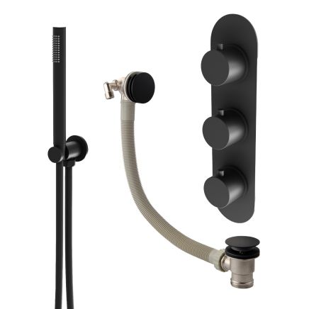 Elora Matt Black Round Triple Control Shower Pack with Handheld Shower & Overflow Bath Filler