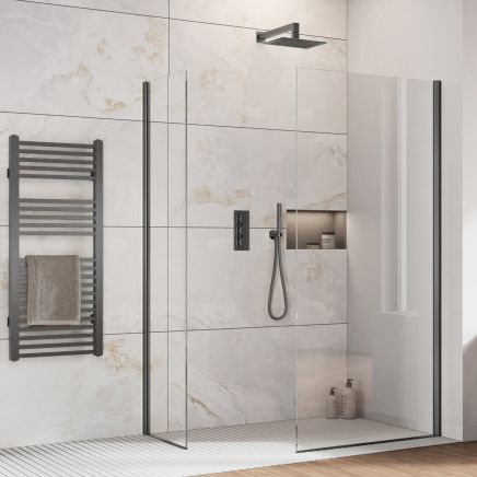 Oxford Gunmetal Walk-In Wetroom Shower Screen with clear glass panels and grey trim profile in a modern marble effect tiled bathroom.
