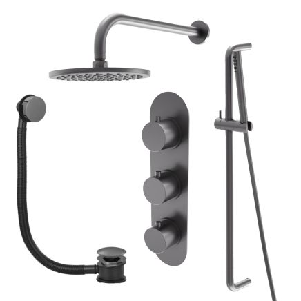 Elora Gunmetal Triple Outlet Shower Pack with Head, Slider Rail & Bath Filler
