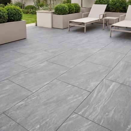 Cumbria Grey Stone Outdoor Porcelain Tile 600x900mm roomset