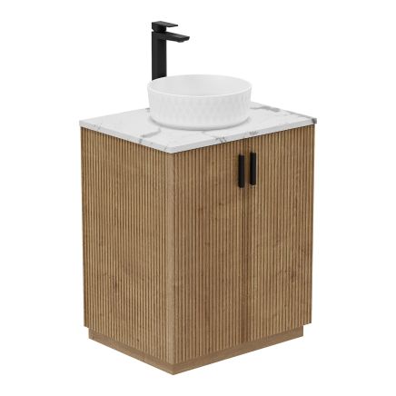 Revel 650mm Ribbed Floor Standing Vanity Unit in Natural Oak & Marble Worktop With 1 Tap Hole
