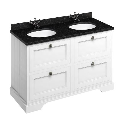 Traditional white freestanding vanity unit with black granite worktop
