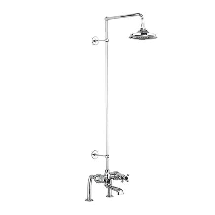 Burlington Tay Chrome Thermostatic Bath Deck Mounted Twin Control Shower Mixer Pack with Black Accent and 12" Shower Head
