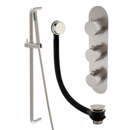 Elora Brushed Nickel Round Triple Control Shower Pack with Slider Rail & Overflow Bath Filler