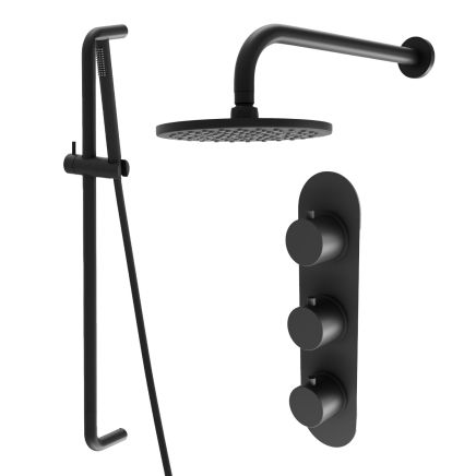 Elora Matt Black Round Dual Outlet Shower Pack with Fixed Head, Slider Rail & Triple Concealed Valve