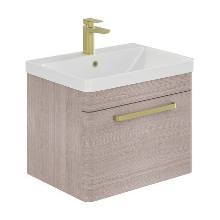 Esk Stone Grey Wall Hung Vanity Unit and Basin with Brushed Gold Handles 600mm