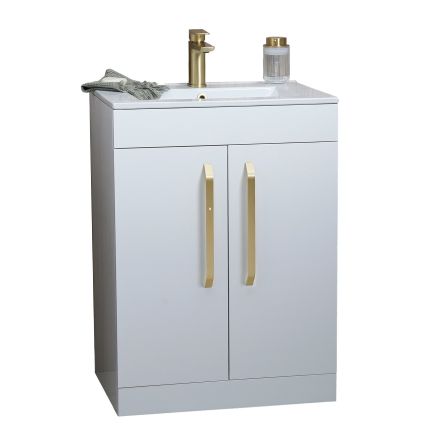 Apex 615mm Floor Standing Vanity Unit & Basin in Gloss White with Brushed Gold Handles