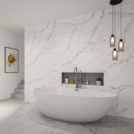 Vero Calacatta White Marble Waterproof Tongue & Groove Shower Wall Panel 2420x1200mm