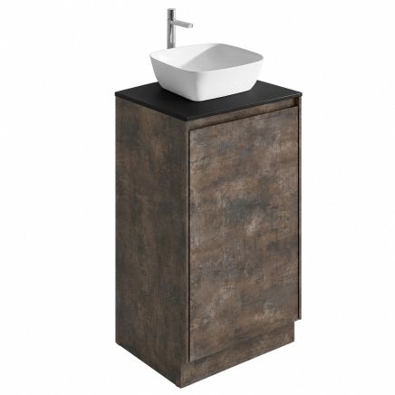 Odion Metallic Floor Standing Vanity Unit with Black Worktop 500mm displayed with a basin