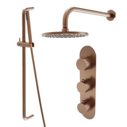 Elora Brushed Bronze Round Dual Outlet Shower Pack with Fixed Head, Slider Rail & Triple Concealed Valve