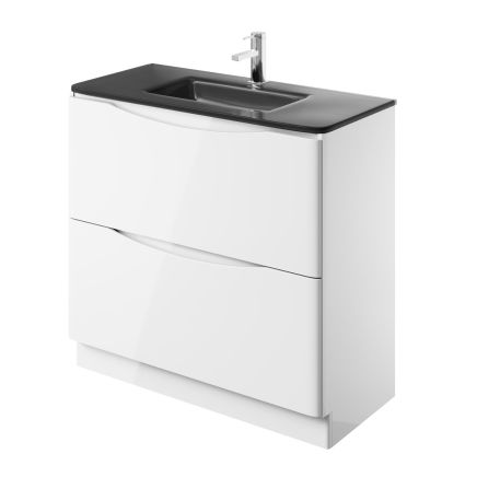 Erin Gloss White Floor Standing Vanity Unit with Grey Glass Basin 900mm