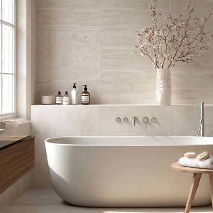 Belmonte Greige Travertine Stone Porcelain Tile 1200x600mm 188953 roomset