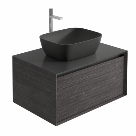 Snowdon 750mm Wall Hung Vanity Unit with Black Worktop in Leached Oak pictured with a black basin