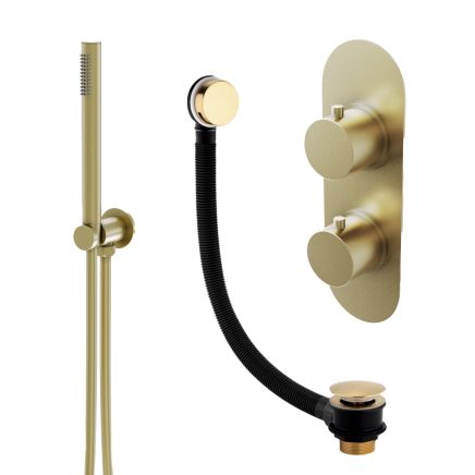 Elora Brushed Gold Round Dual Outlet Shower Pack with Bath Overflow Filler & Handheld Shower