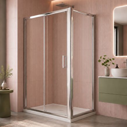 Moxby Chrome Sliding Shower Door Pink Tiles Green Bathroom