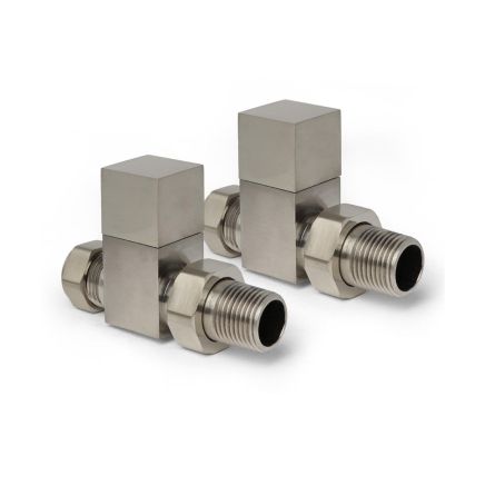 Square Brushed Nickel Straight Pair of Radiator Valves