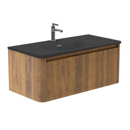 Wish Ribbed Wall Hung Vanity Unit in Walnut with Matt Black Basin 1000mm